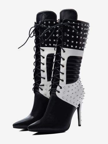 Bottes mi-mollet à bout pointu rivets lacets et talons hauts - milanoo.com - Modalova