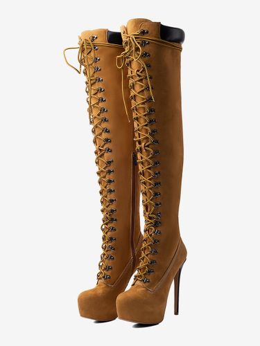 Bottes cuissardes en daim à plateforme bout rond lacets talon haut - milanoo.com - Modalova