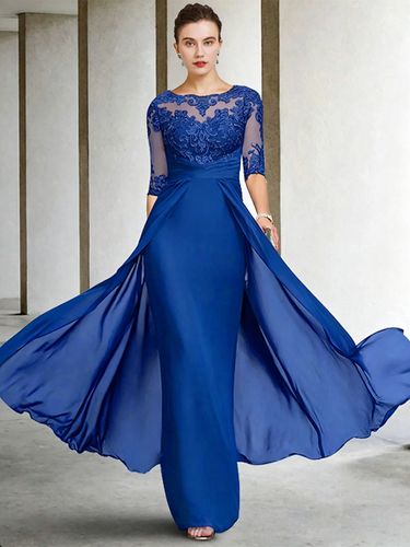 Robe de mariée pour mère de la mariée col à bijoux demi-manches gaine en dentelle longueur au sol robes d\'invitées de mariage personnalisation - milanoo.com - Modalova