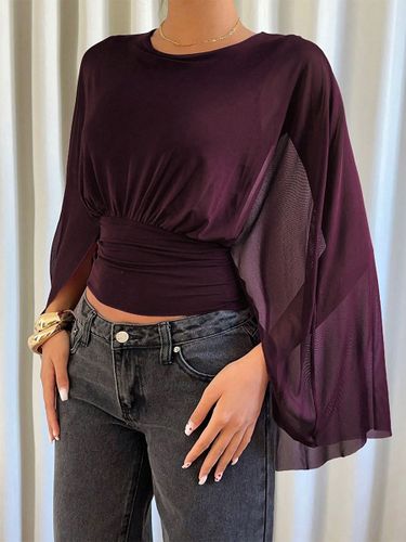 Chemisier élégant à col rond et taille plissée manches en résille. Tendance - milanoo.com - Modalova