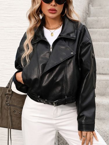 Veste en cuir à col court poches et ceinture style streetwear - milanoo.com - Modalova
