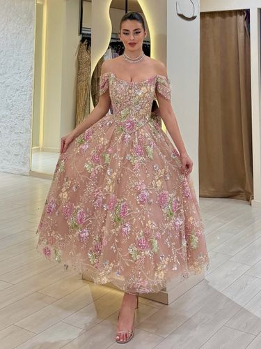 Robe de bal fleurie à sequins longueur cheville épaules dénudées - milanoo.com - Modalova