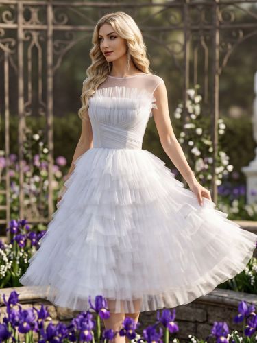 Robe de bal en tulle à col rond coupe trapèze sans manches à volants longueur genou - milanoo.com - Modalova