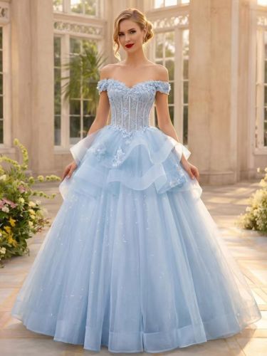 Robe de bal princesse à épaules dénudées coupe trapèze manches courtes ornée de fleurs - milanoo.com - Modalova