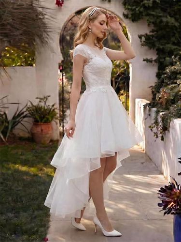 Robe de mariée courte col rond manches courtes coupe trapèze asymétrique longueur cheville - milanoo.com - Modalova