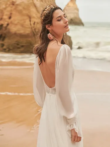Robe de mariée bohème en mousseline col en V manches longues ornée de perles coupe trapèze - milanoo.com - Modalova
