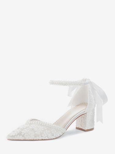 Chaussures de mariée en dentelle à bout pointu ornées de perles et de fleurs avec bride à la cheville et talon compensé - milanoo.com - Modalova