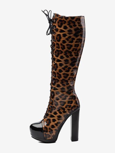 Bottes hautess à plateforme léopard bout renforcé lacets et talon épais - milanoo.com - Modalova