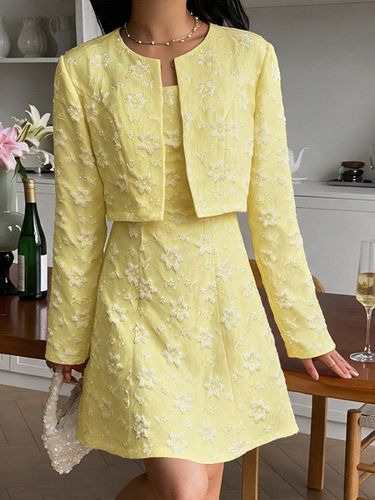 Ensemble deux pièces : robe à fleurs jacquard cardigan à manches longues et mini-robe - milanoo.com - Modalova