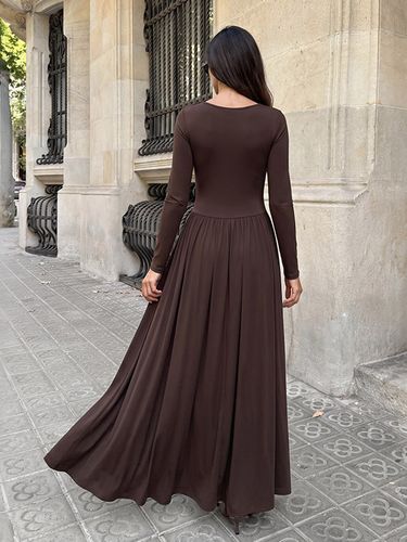 Robe longue côtelée manches longues col rond jupe plissée vintage - milanoo.com - Modalova