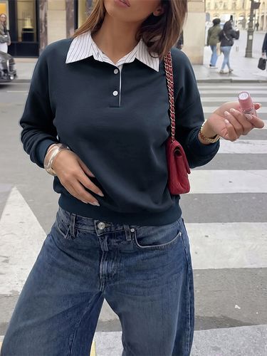 Sweat-shirt effet deux pièces col rayé manches longues en maille gaufrée - milanoo.com - Modalova