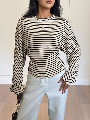 Top en maille rayée et blanche col rond texture gaufrée manches chauve-souris - milanoo.com - Modalova
