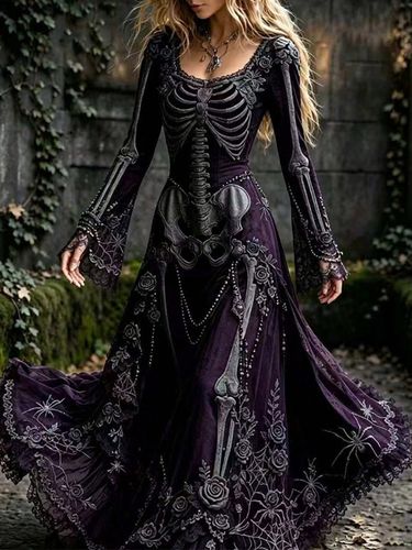 Robe maxi fluide à imprimé squelette 3D col rond et manches longues - milanoo.com - Modalova