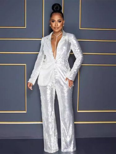 Ensemble deux pièces : blazer à sequins à col V profond et pantalon droit - milanoo.com - Modalova