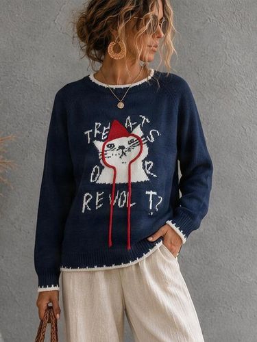 Pull en maille broderie chat appliquée col en dentelle coupe ample - milanoo.com - Modalova