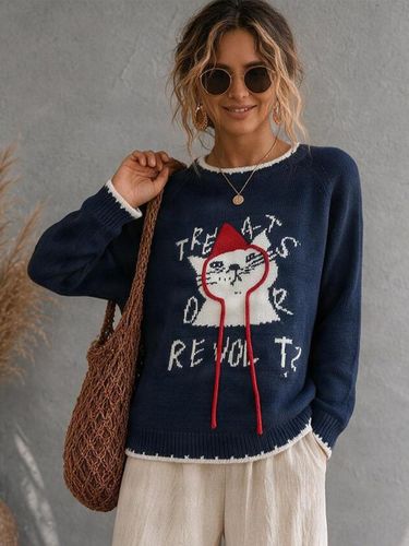 Pull en maille broderie chat appliquée col en dentelle coupe ample - milanoo.com - Modalova