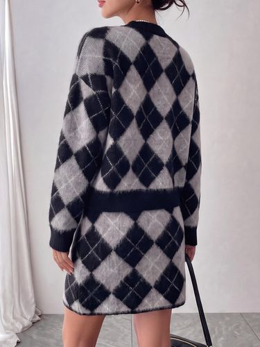 Ensemble en maille cardigan ample à motif losanges classique jupe coordonnée ouverte sur le devant - milanoo.com - Modalova