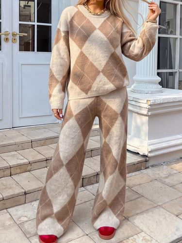 Ensemble en maille : pull classique à losanges pantalon deux pièces taille haute à jambes larges - milanoo.com - Modalova