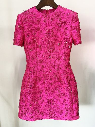 Robe courte rose fuchsia à broderies perlées manches bouffantes coupe évasée - milanoo.com - Modalova