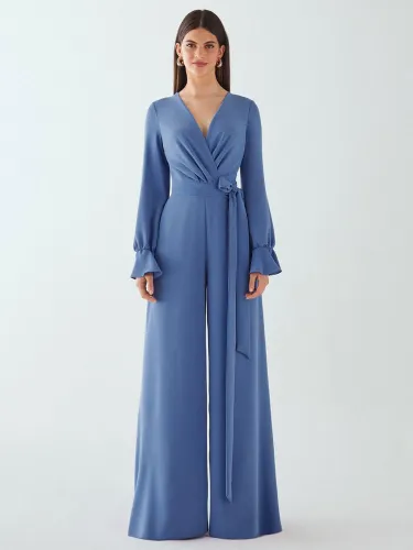 Robe de mariée pour mère de la mariée col en V manches longues combinaison avec nœuds longueur au sol robes d\'invitées de mariage - milanoo.com - Modalova