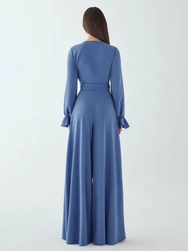 Robe de mariée pour mère de la mariée col en V manches longues combinaison avec nœuds longueur au sol robes d\'invitées de mariage - milanoo.com - Modalova