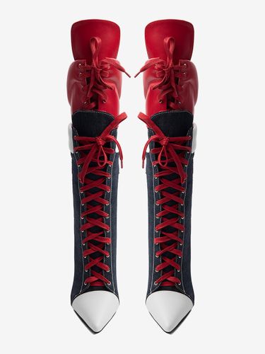 Bottes mi-mollets bout pointu patchwork lacets talons hauts - milanoo.com - Modalova