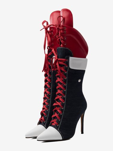 Bottes mi-mollets bout pointu patchwork lacets talons hauts - milanoo.com - Modalova