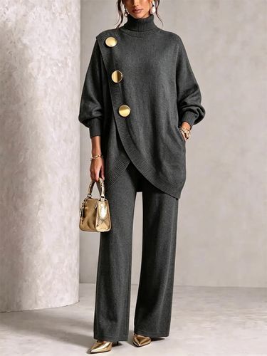 Ensemble deux pièces élégant en maille - Pull asymétrique à col roulé et boutons pantalon large ensemble loungewear - milanoo.com - Modalova
