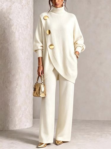 Ensemble deux pièces élégant en maille - Pull asymétrique à col roulé et boutons pantalon large ensemble loungewear - milanoo.com - Modalova