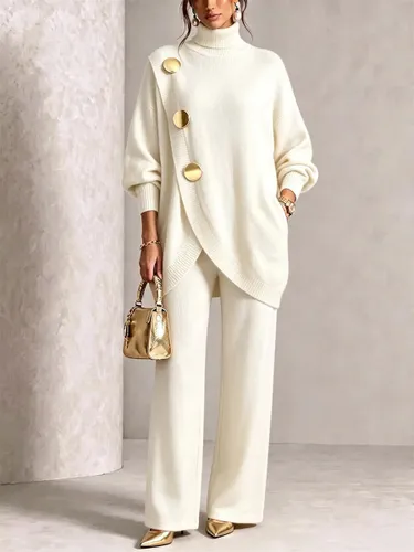 Ensemble deux pièces élégant en maille : pull à col roulé asymétrique à boutons et pantalon large - milanoo.com - Modalova