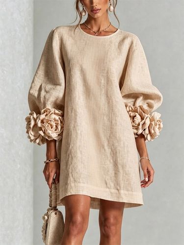 Robe mini élégante en lin avec manches bouffantes à fleurs 3D - Robe tunique ample à col rond - milanoo.com - Modalova