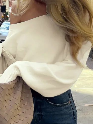 Pull court asymétrique à épaules dénudées et manches longues en maille côtelée - milanoo.com - Modalova
