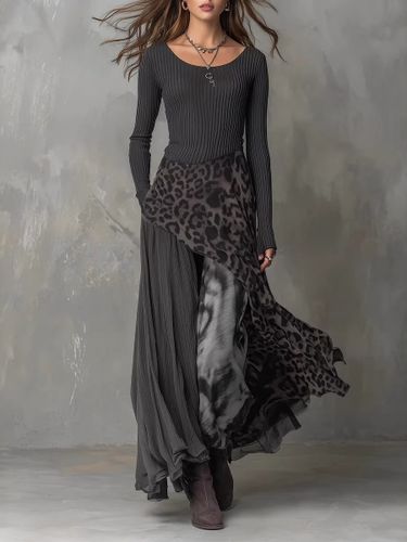 Robe longue bohème en maille côtelée à imprimé léopard jupe asymétrique manches longues fluide idéale pour les soirées - milanoo.com - Modalova