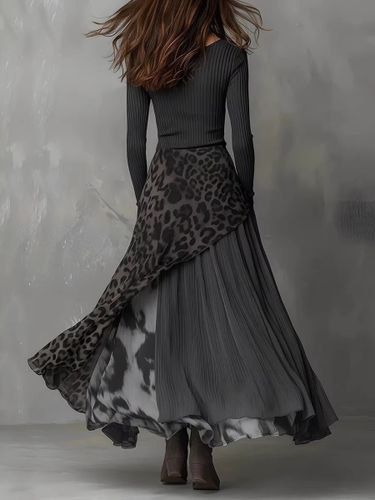 Robe longue bohème en maille côtelée à imprimé léopard jupe asymétrique manches longues fluide idéale pour les soirées - milanoo.com - Modalova