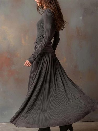 Robe longue bohème en maille côtelée manches longues col rond coupe trapèze fluide et taille froncée - milanoo.com - Modalova
