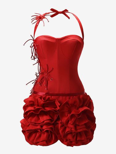 Robe bustier mini robe moulante rouge à volants et fleurs 3D idéale pour une soirée d'anniversaire - milanoo.com - Modalova