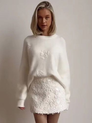 Pull en maille à col rond manches longues coupe ample couleur unie motif floral en relief pull chaud - milanoo.com - Modalova