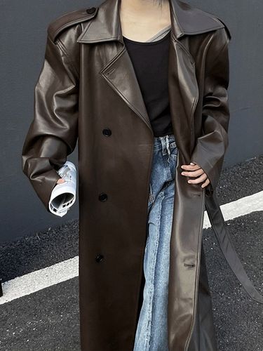 Trench-coat en cuir PU croisé ceinturé long et oversize - milanoo.com - Modalova