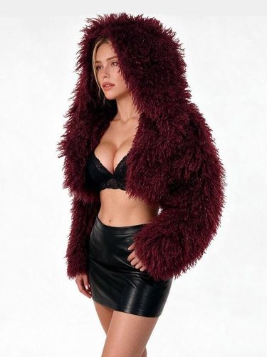 Veste en fausse fourrure rouge duveteuse et duveteuse à capuche courte chaude d'extérieur - milanoo.com - Modalova