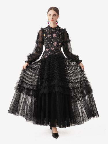 Robe de soirée maxi à col rond orné de perles et manches longues élégante et semi-formelle - milanoo.com - Modalova