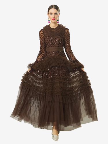 Robe de soirée maxi marron clair à col rond et sequins manches longues et motif géométrique élégant - milanoo.com - Modalova