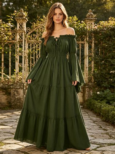 Robe longue maxi Renaissance médiévale à épaules dénudées et manches longues smockées style celtique féerique royal viking elfique couleur uni - milanoo.com - Modalova