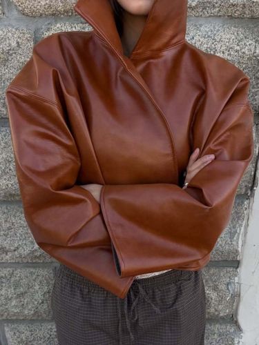 Veste en cuir marron rougeâtre ample courte col montant en similicuir - milanoo.com - Modalova