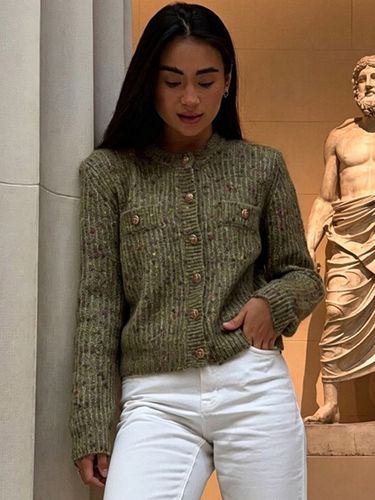 Gilet en maille texture tweed col rond boutonné élégant - milanoo.com - Modalova