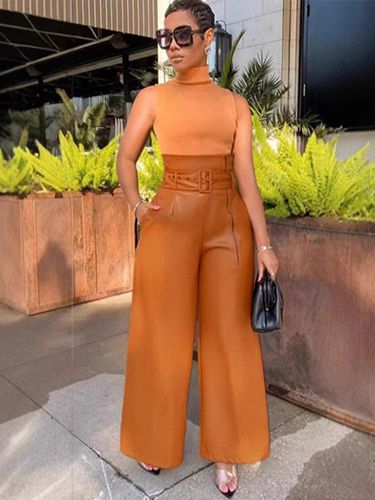 Pantalon large en similicuir taille haute coupe ample style streetwear - milanoo.com - Modalova