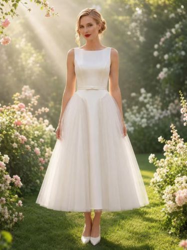 Robe de mariée courte col rond sans manches coupe trapèze longueur thé - milanoo.com - Modalova