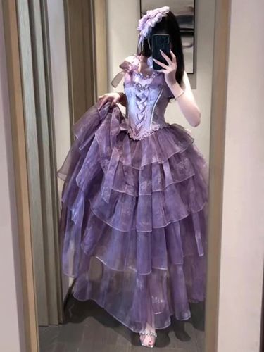Robe Lolita féerique violette et à volants corset en dentelle avec nœud et bandage - milanoo.com - Modalova