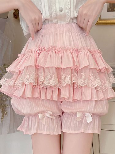 Bloomer rose Lolita à volants superposés short citrouille en dentelle à taille élastique mini-jupe Lolita - milanoo.com - Modalova