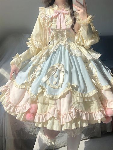 Robe Lolita douce à manches longues volants et nœuds et bleue - milanoo.com - Modalova