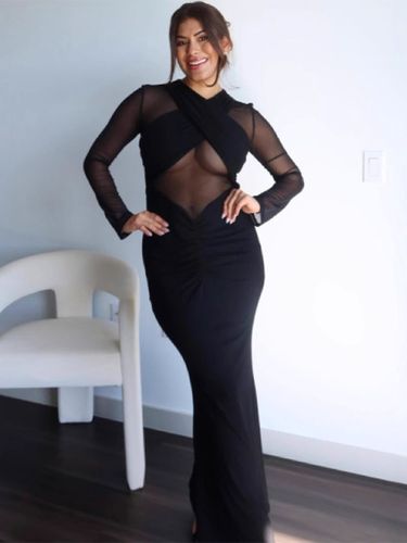 Robe moulante maxi à manches longues découpes et fronces en maille croisée sur le devant 2026 - milanoo.com - Modalova